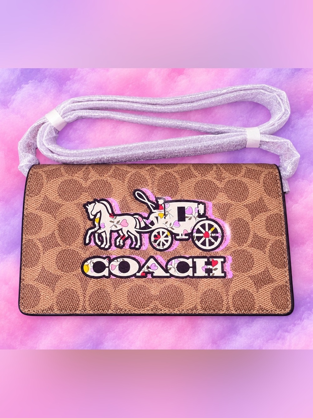 Coach Brown Signature Crossbody with Pink Horse & Carriage Patch in Brand New